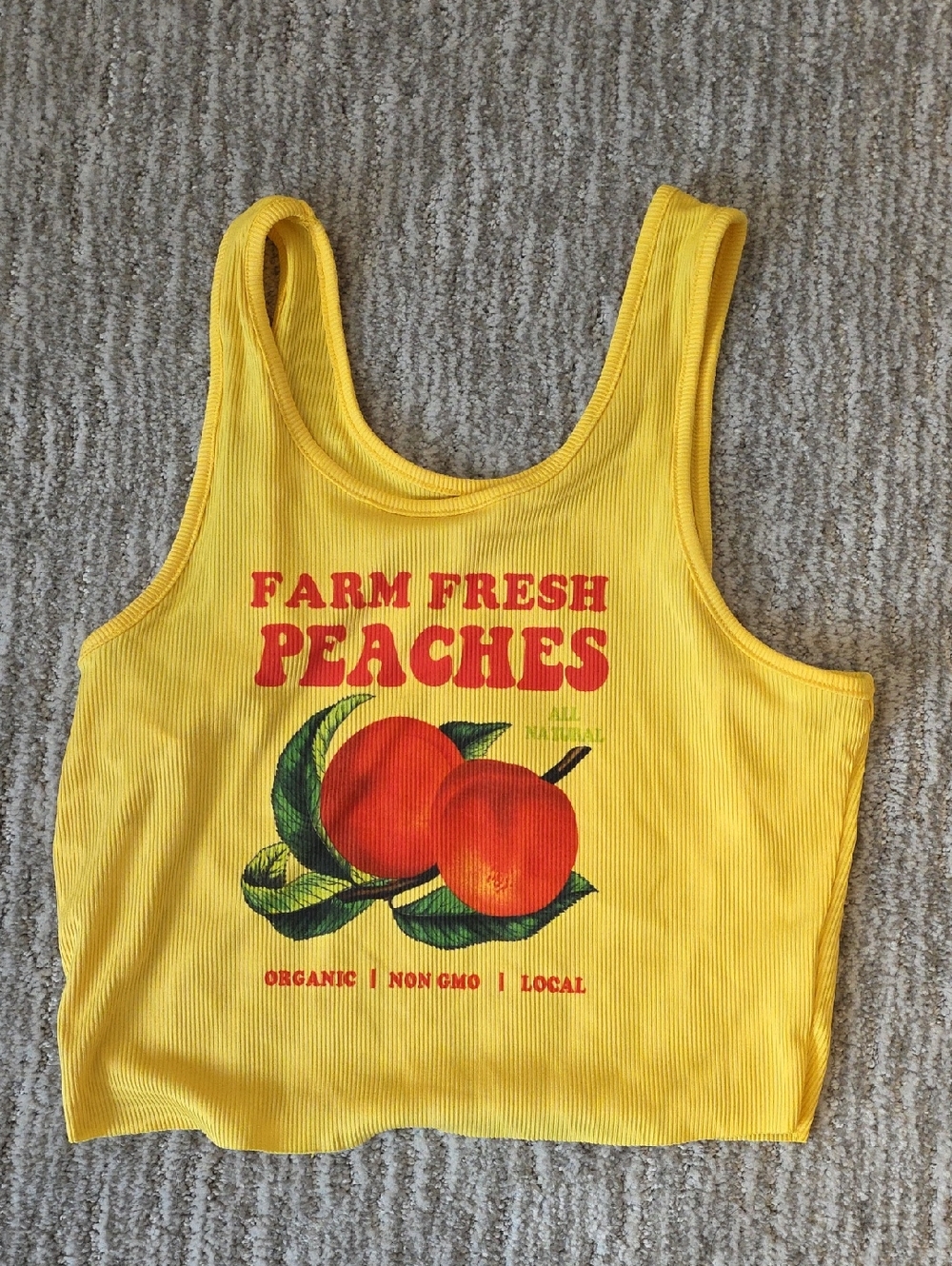Yellow Ribbed Crop Top Tank Top with Farm Fresh Peaches Graphic